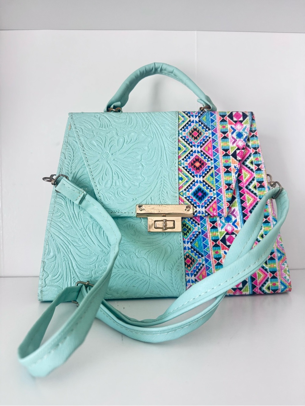 Embossed NWOT Top-Handle Bag with Multicolor Aztec Panel in Turquoise